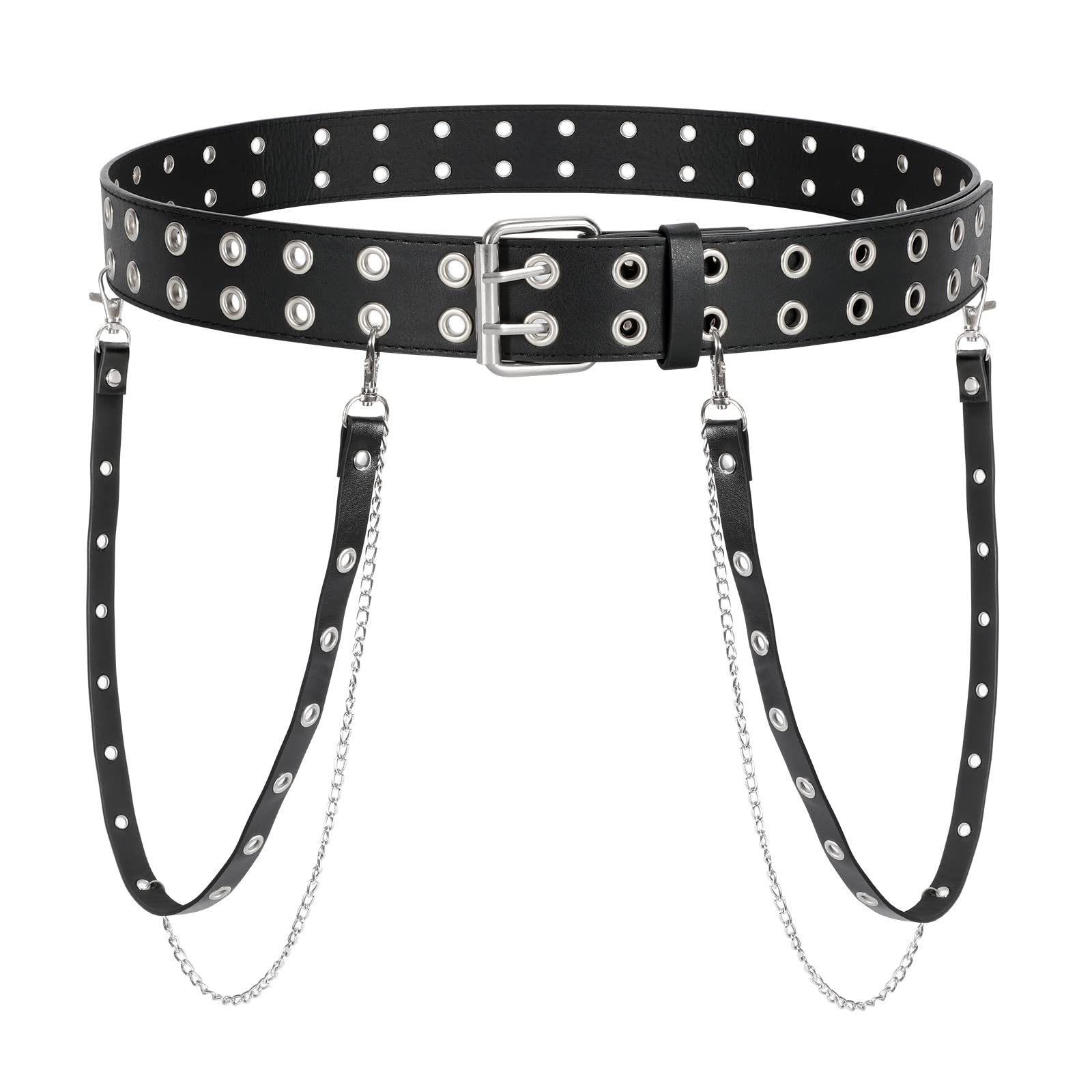 PALAY® PU Leather Punk Belt with Chain Double Grommet Belt for Women Black Waist Belt with Metal Chain Double Prong Belt for Jeans Pants