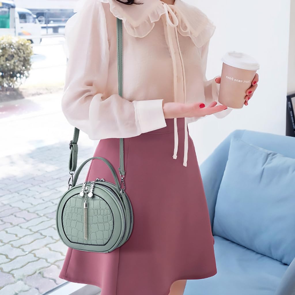 Zibuyu Hand Bag for Women featuring Double Layer Round Design 19x8x17 cm in Mint Green | Detachable Crossbody Strap