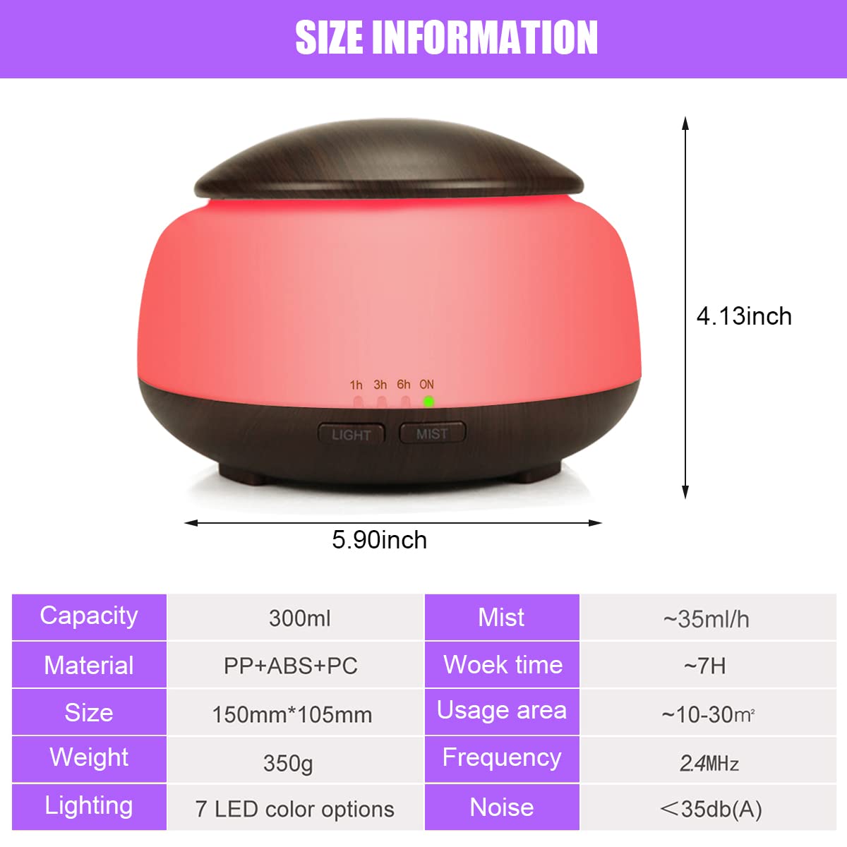Aroma Diffuser for Home with 300ml Tank and 26dB Ultrasonic Design | 7‑Color LED Humidifier