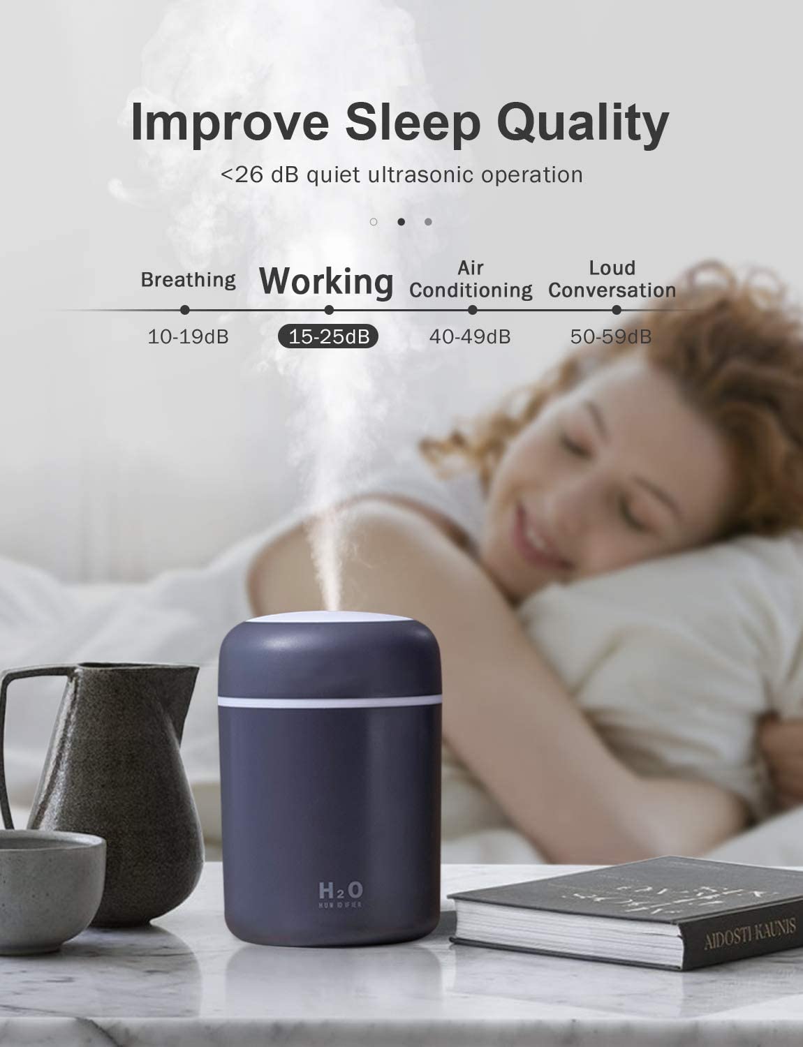 HASTHIP Mini Humidifier for Bedroom and Office with 300 ml Tank featuring 2 Spray Modes | Quiet 26 dB Operation and Colorful Light