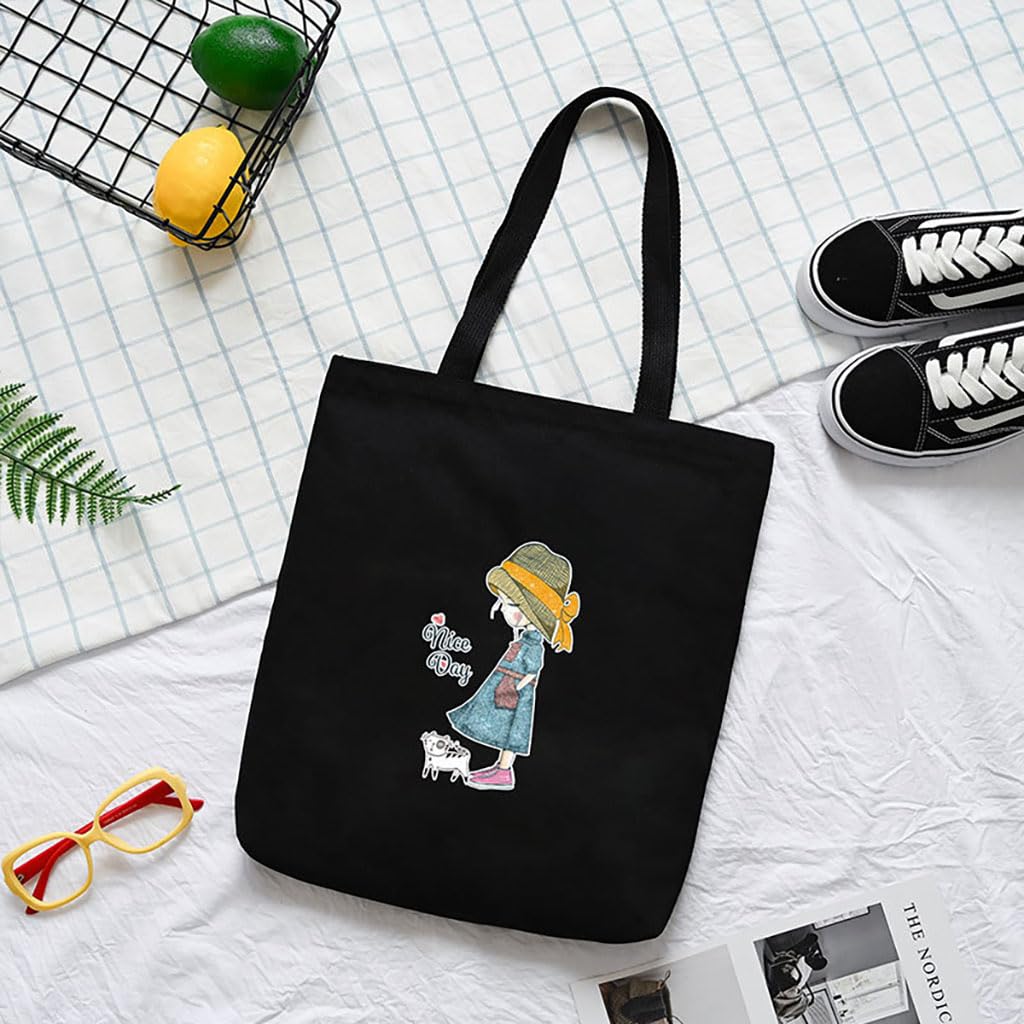 Zibuyu Aesthetic Canvas Tote Bag for Women with Foldable Design and Black Graphic Print | Eco-Friendly Reusable Cotton Shopping Bag