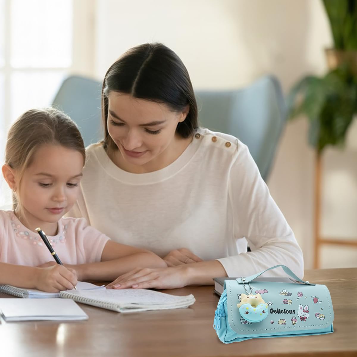 Climberty Pencil Pouch for Girls with Three Layer 21×8×10 cm Design and PU Flip Cover | Blue Canvas Case for School Supplies