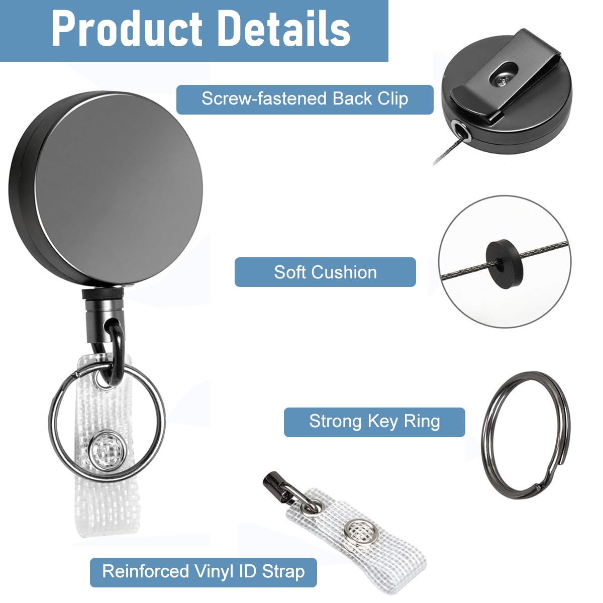 Climberty ID Card Holder for Work and Keys with 27.5 in Pull Cord and Metal Casing | Glossy Black