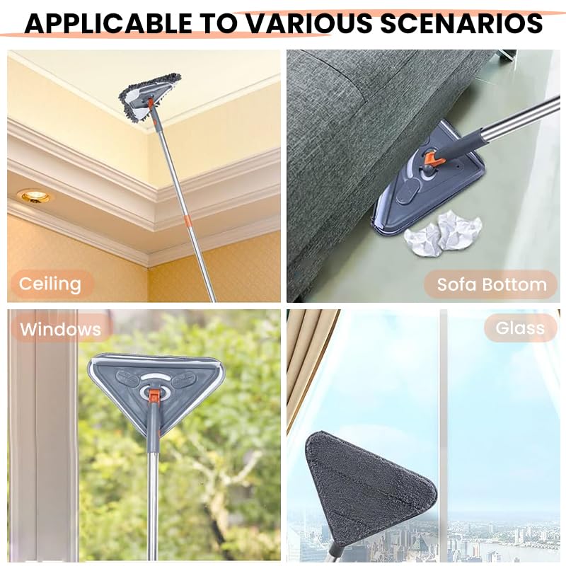 ZIBUYU Triangle Floor Mop for Tiles and Ceilings with 6.6ft Adjustable Handle | 360° Rotating Head