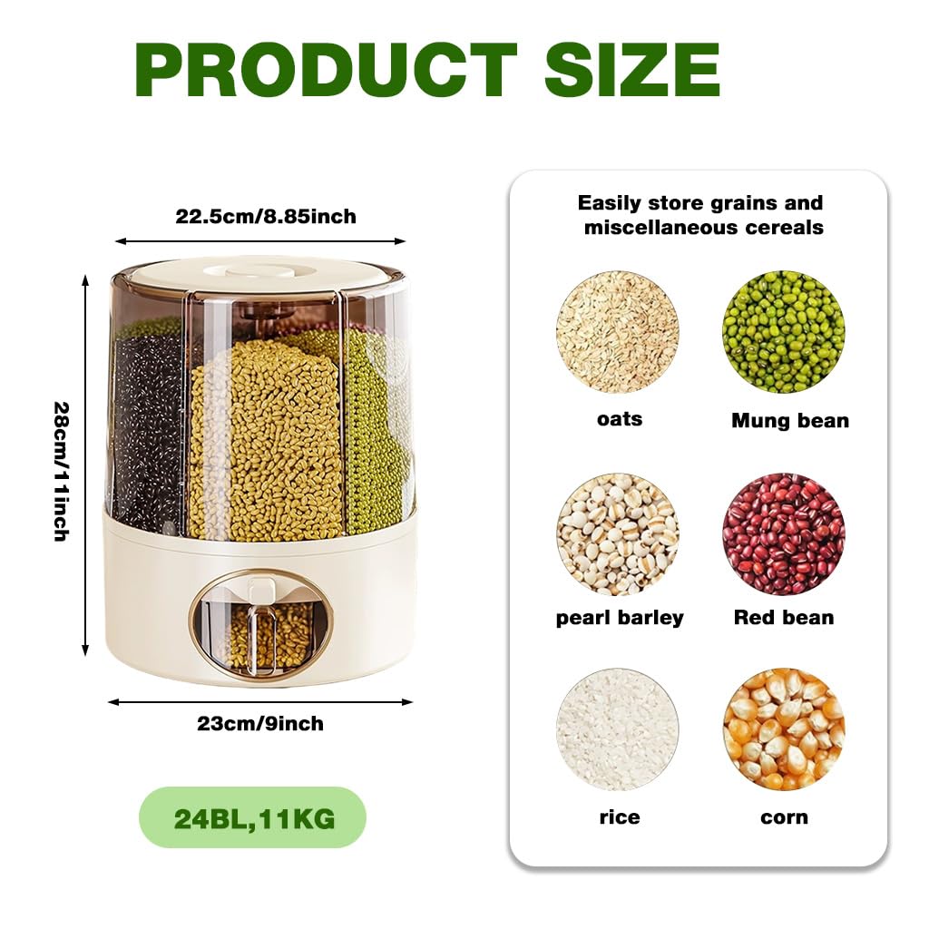 Supvox Cereal Dispenser for Kitchen with 6-in-1 Compartments and 24lbs Rice Storage | Moisture-Proof Rotatable Design