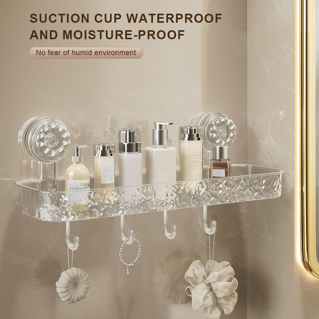 HASTHIP Bathroom Toiletries Organizer Tray for Wall Mount Storage with 4 Hooks and Quick Drainage | Clear Textured 36x10x3.5cm Design