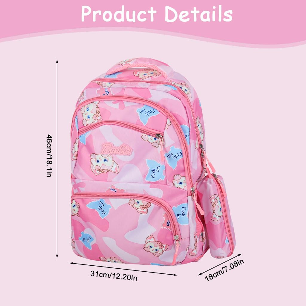 ZIBUYU Cute Girls School Backpack for Kids with Pencil Case and Lunch Box Compartment | Pink Unicorn Design for Ages 6–12