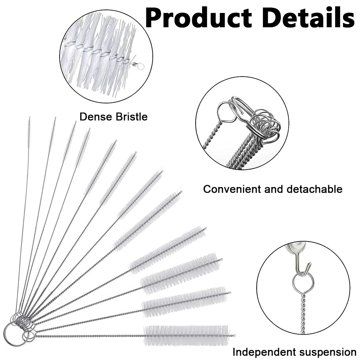 HASTHIP Straw Cleaner Brushes for Sippy Cup and Bottle Cleaning 12pcs 8 Inch with Fine Tip | Stainless Steel and Nylon