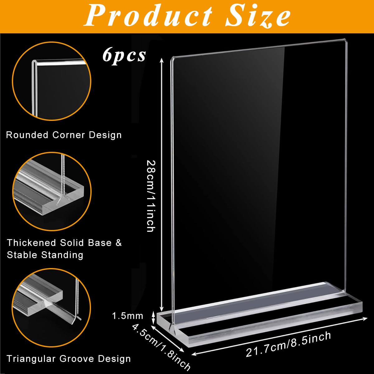 Climberty® 6Pcs Acrylic Sign Holder - 8.5x11 Inches Clear Transparent Menu Display Stands, Double-Sided Vertical Display Stand, Desk Awards Holder for Restaurant Signs, Wedding Table and Photos