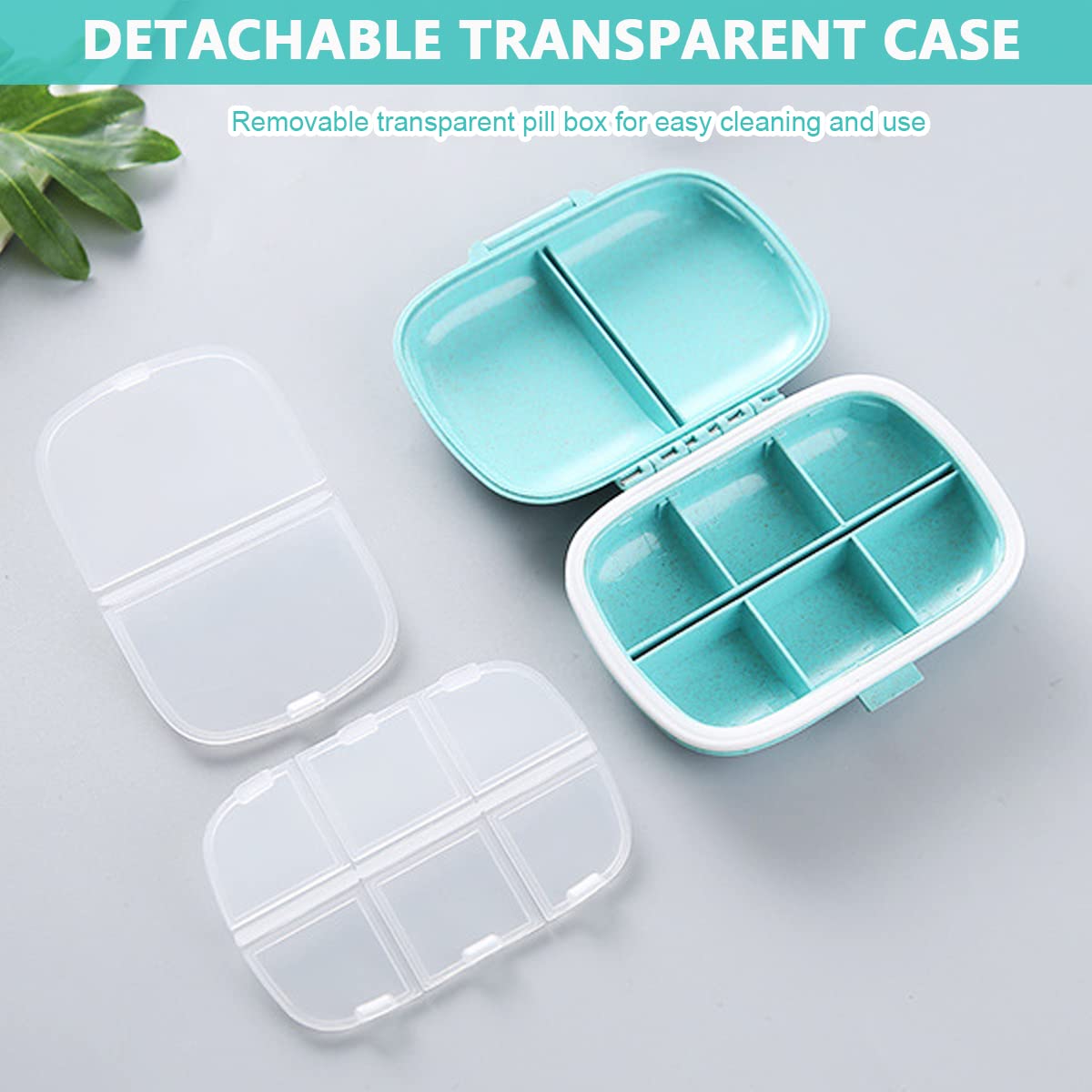 HANNEA Travel Pill Organizer for Daily Use with 8 Compartments featuring Detachable Transparent Case | Moisture Proof PP and Wheat Straw Material