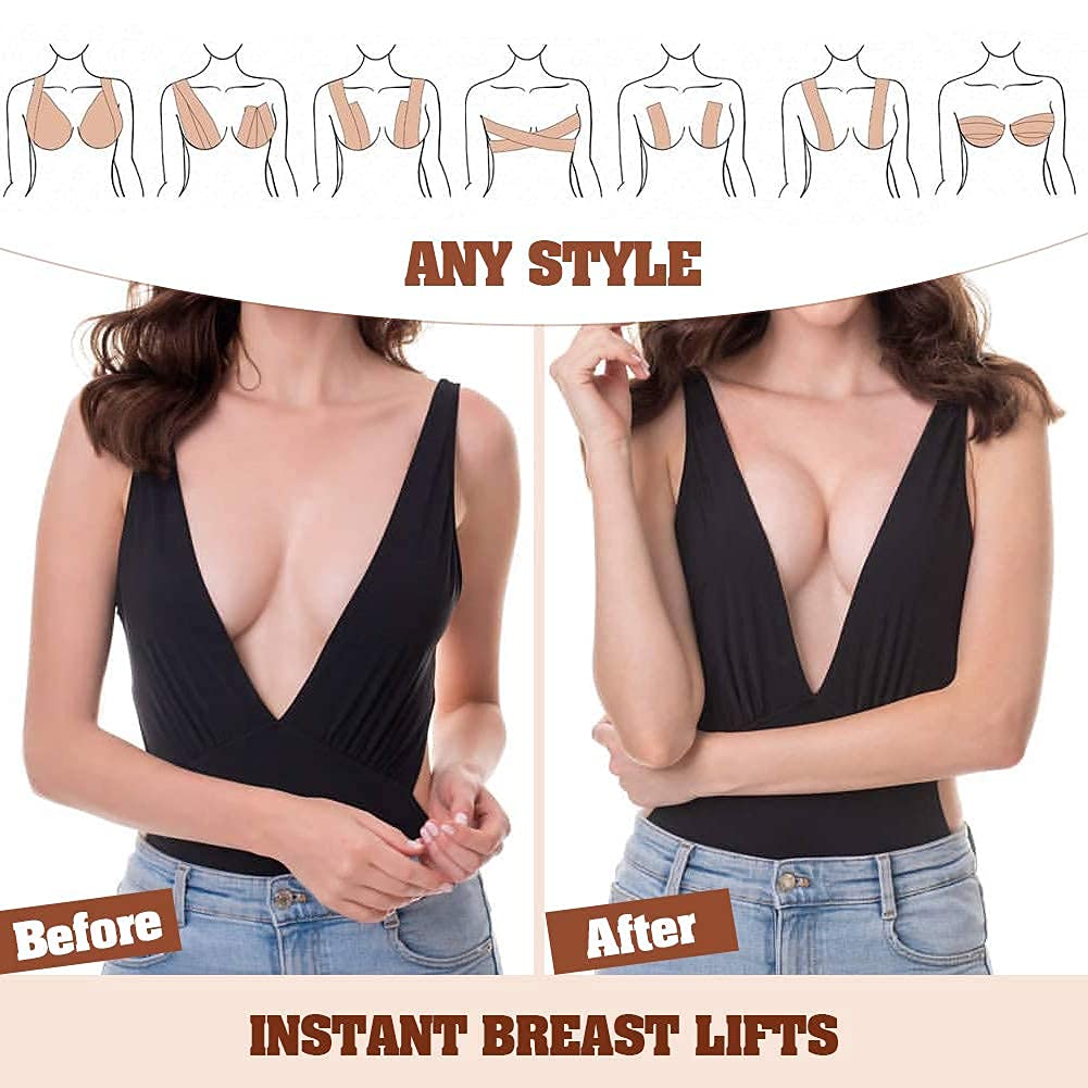 MAYCREATE Boob Tape for Backless and Strapless Outfits with 10 Nipple Covers | 16 ft Cotton Spandex Lift