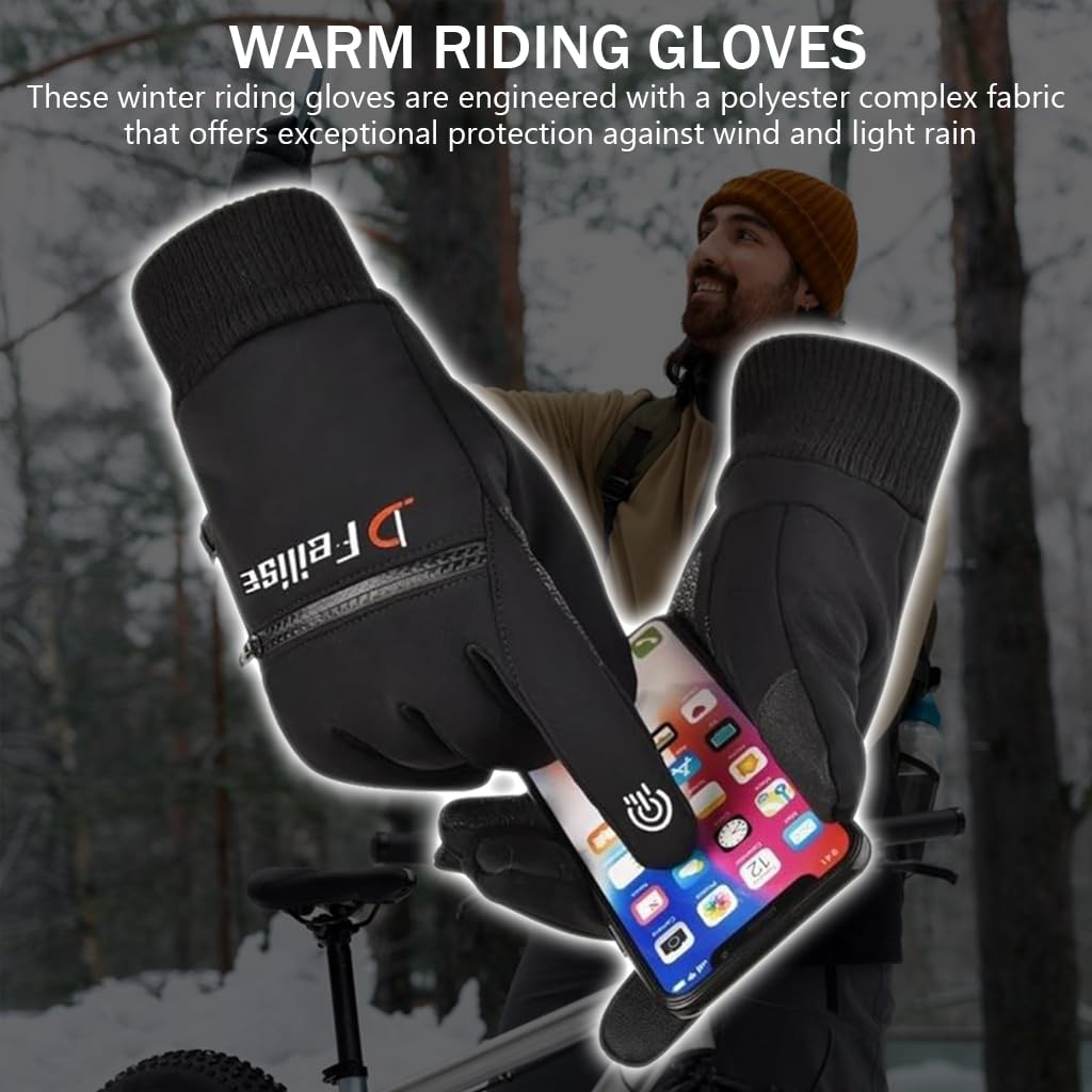 Proberos® Winter Riding Gloves Touch Screen Thermal Gloves with Zipper Pouch Silicone Anti-slip Palm Design Winter Outdoor Fashion Thermal Gloves for Cycling, Fishing, Running, L