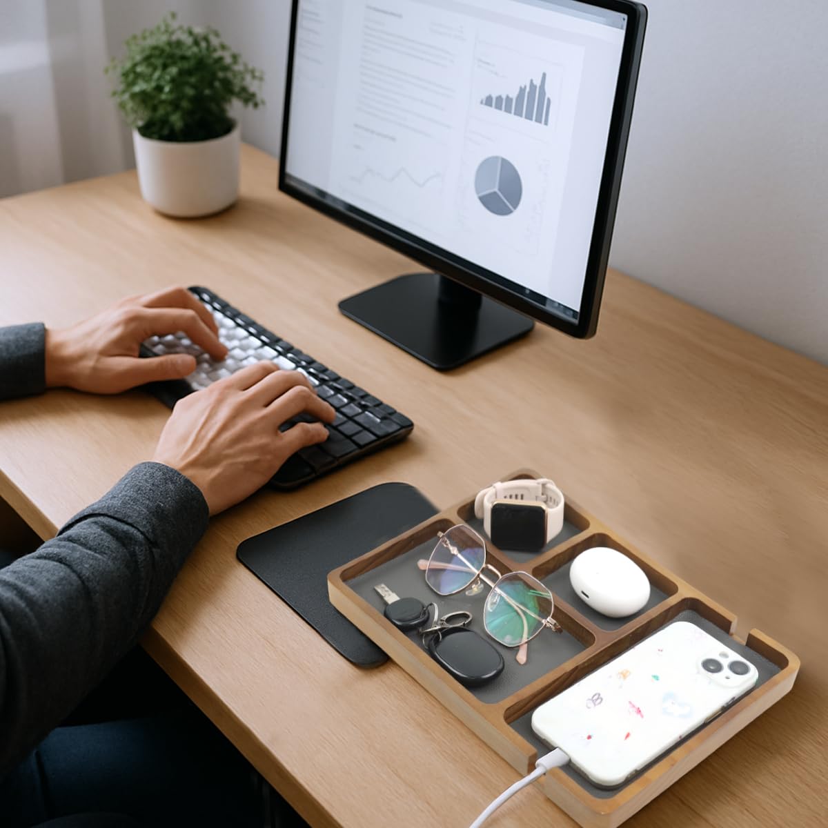 Climberty Valet Tray for Desk and Nightstand featuring Cable Notches and PU Leather Inlay 2 x 30 x 20 cm