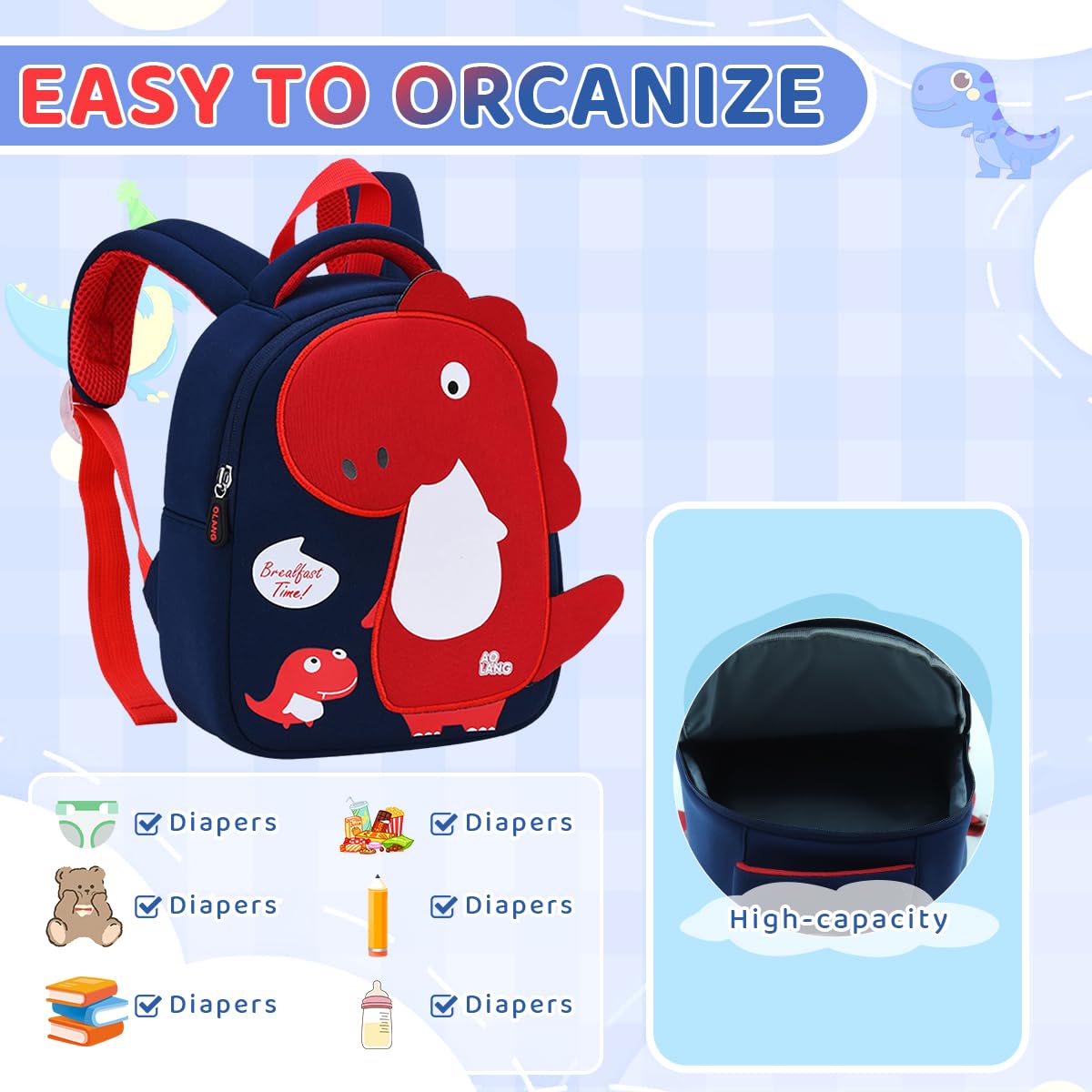 Fancyku Kids School Backpack for Preschool with 33x26x12cm Capacity and Neoprene Build | Cute Red Dinosaur Design for Boys and Girls