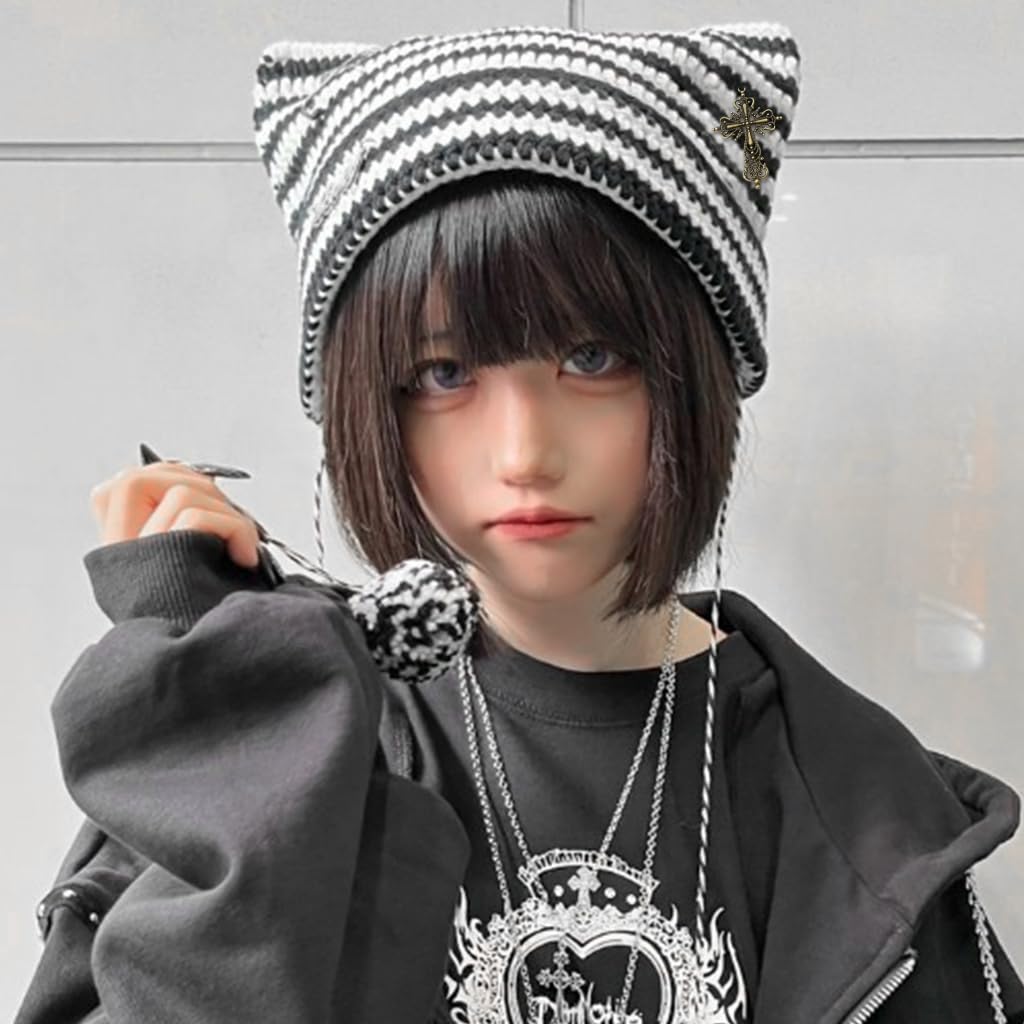 Venzina Crochet Hat for Women featuring Cat Ear Design and Cross Charm | Y2K Winter Beanie
