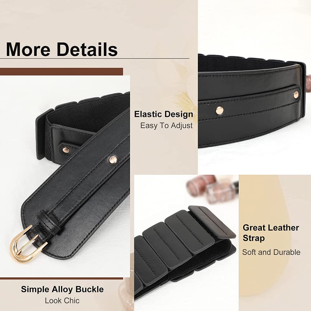 PALAY  Black Belt for Women Dress Stretchy Fashion PU Leather Wide Waist Belt Vintage Metal Buckle Women Belts for Dress Blouse Blazer -Fit Waist 23-33