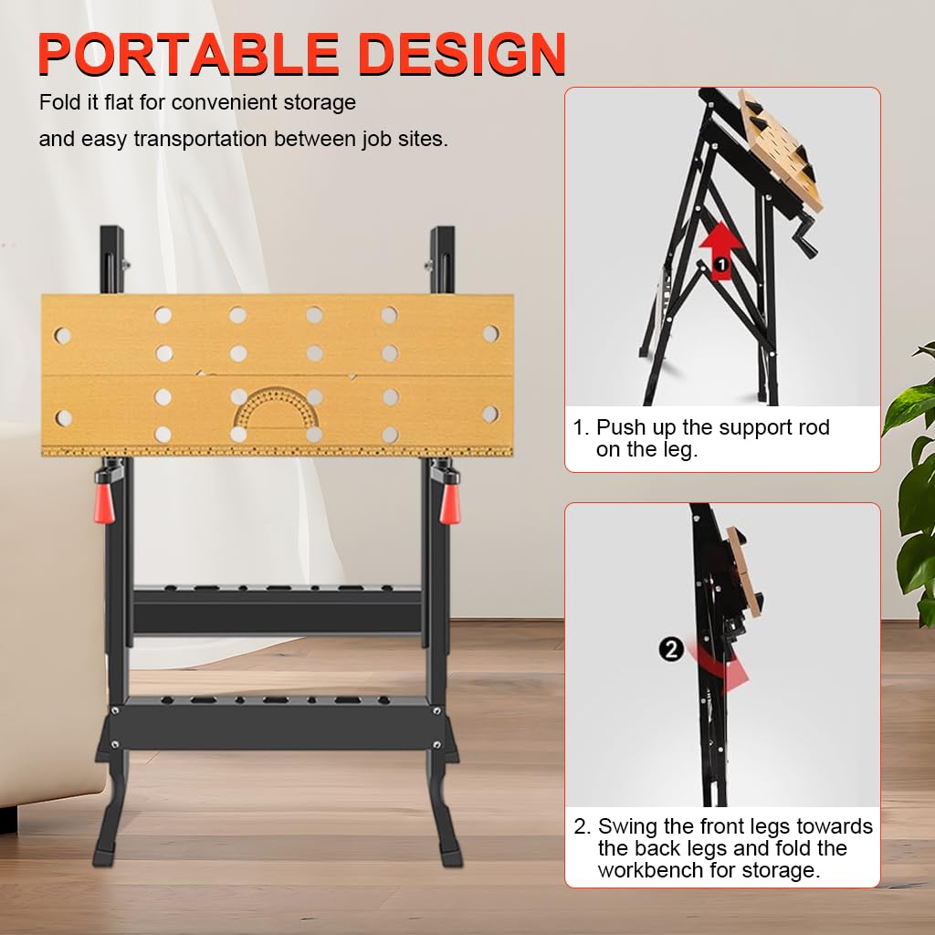 Serplex Folding Workbench for Woodworking with Crank Handles and Tool Storage Slots | Wood and Metal Construction