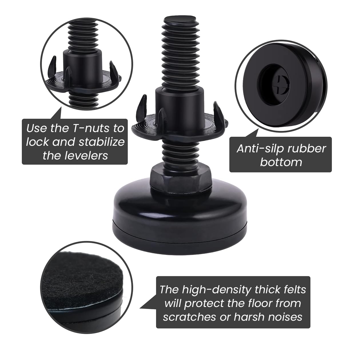 Serplex Adjustable Leveling Feet for Furniture with 3/8-16 Thread and 1 3/8 in Base | Set of 4