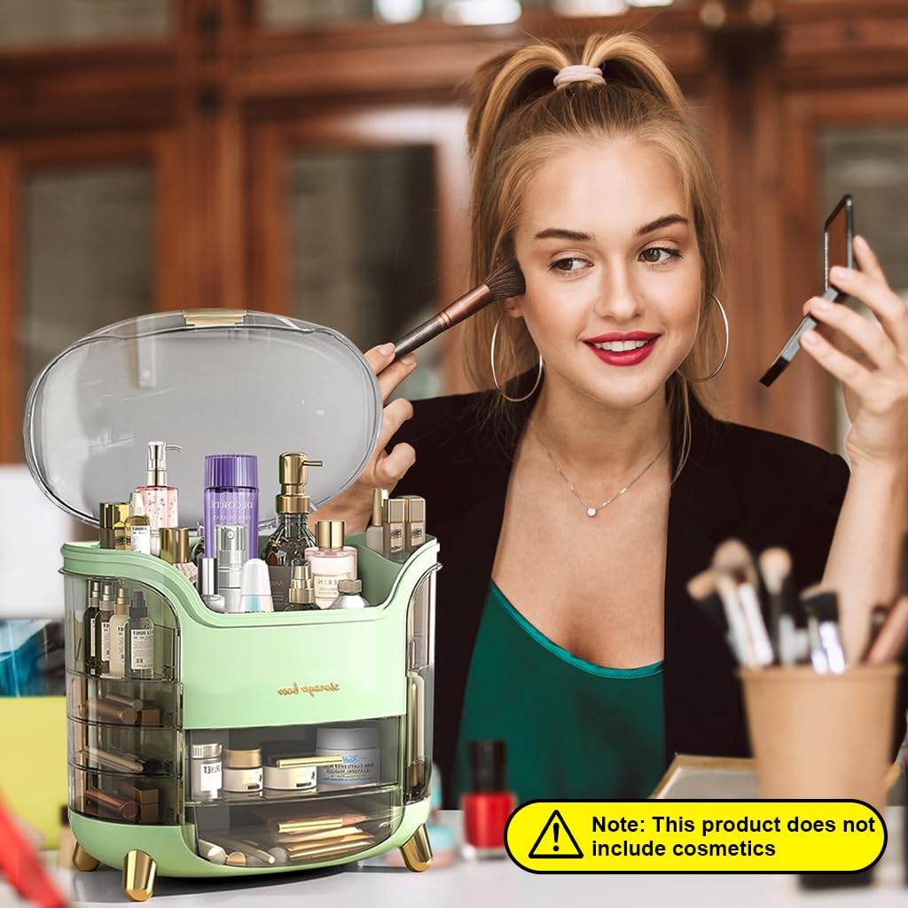 HANNEA Makeup Organizer for Dressing Table with 9 Storage Areas and Rotatable Compartments | Green ABS Skincare Box