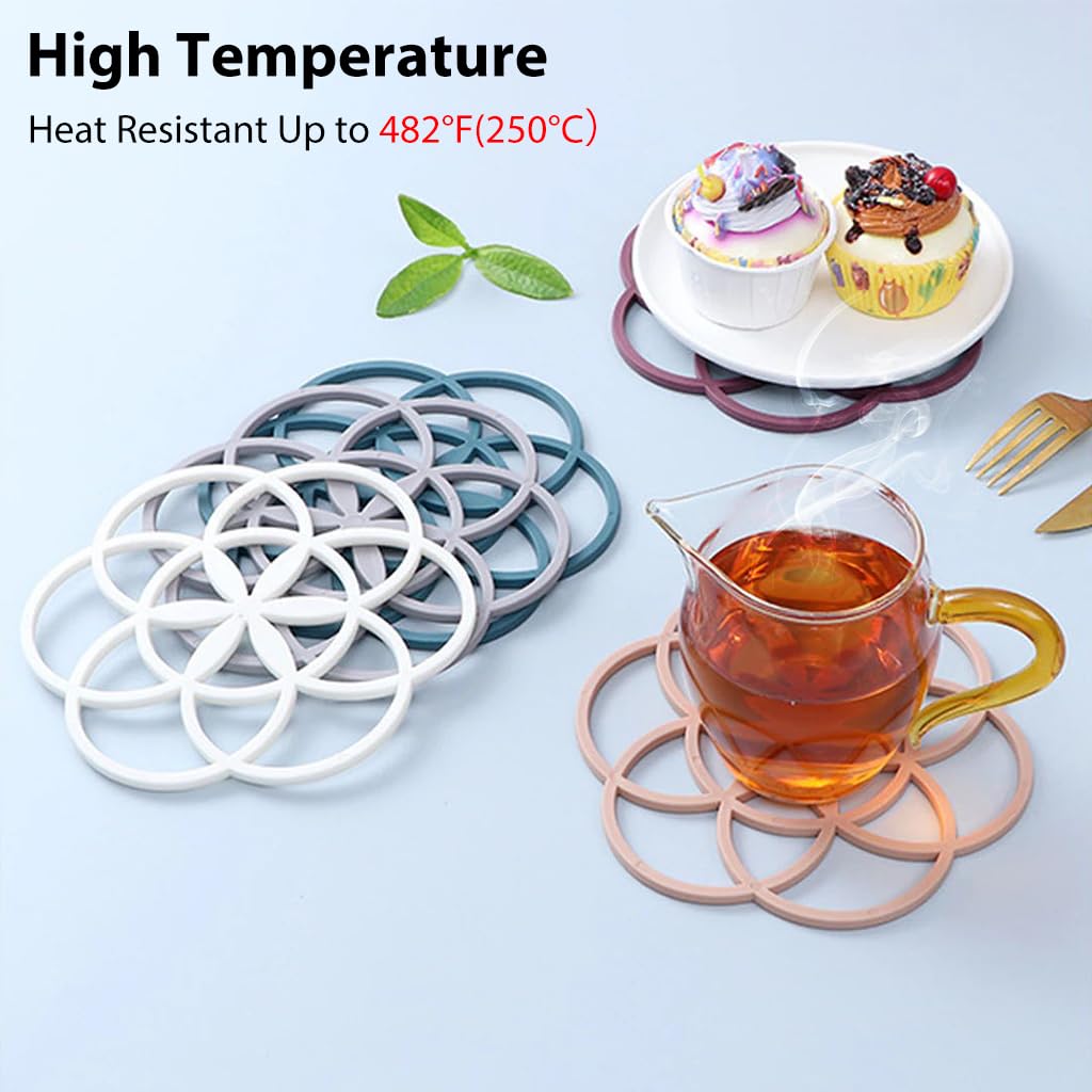 Supvox® 4pcs Silicone Trivet Dining Table Trivet Creative Floral Shape Kitchen Insulated Pads for Pots, Hot Dish Insulated Teapot Trivet Flexible Durable Non Slip 7.87