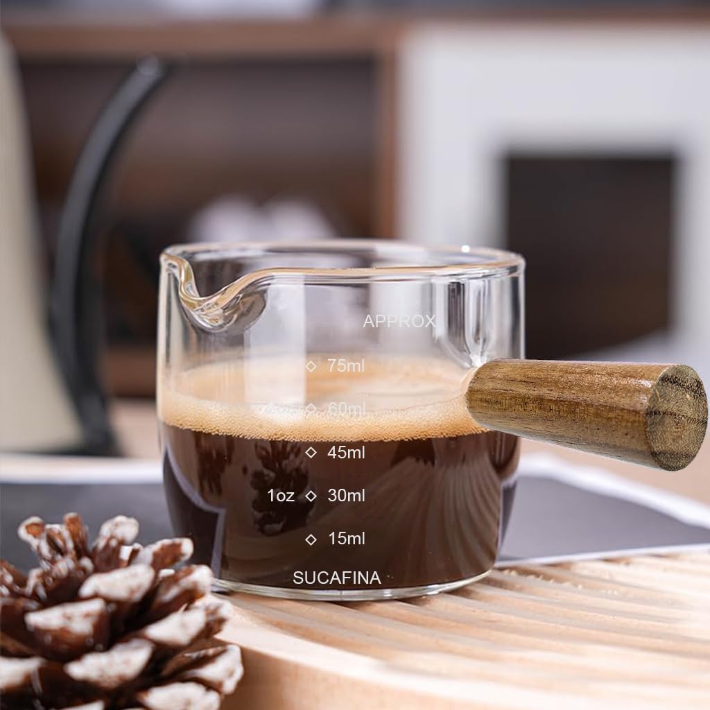 Supvox Espresso Shot Glass for Double Espresso 75ml with Wooden Handle and Heat Resistant Glass
