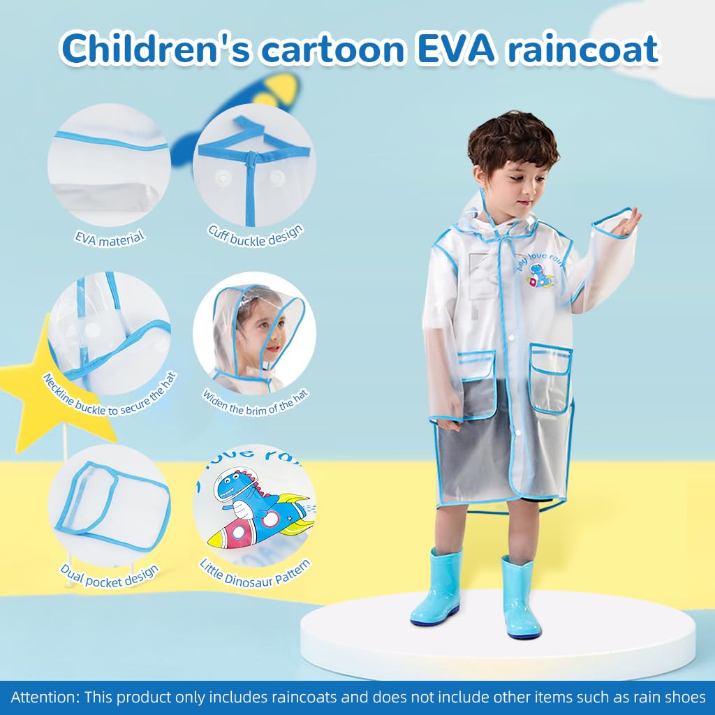 PALAY® Kids Raincoat School Kids Raincoat Cartoon EVA Rain Jacket Knee Length Raincoat with Hood & Intergrated Backpack Rain Cover Kids Raincoat for 6-10 Years Old