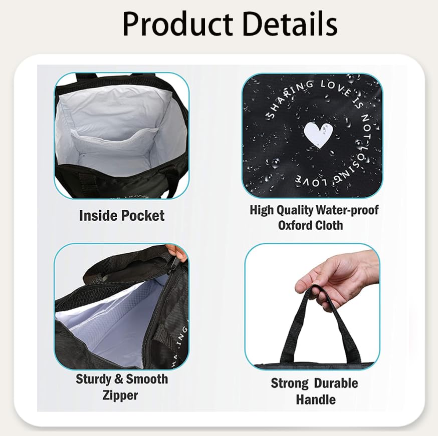 Zibuyu Lunch Bag for Office and School with 26×15×33cm Capacity and Triple Layer Insulation | Black Heart Foldable Cooler Tote