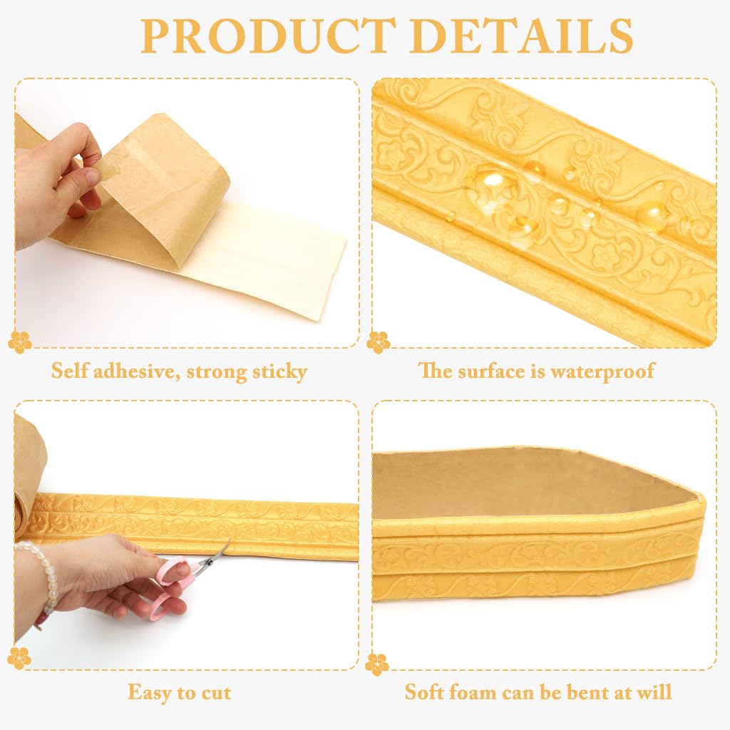 HASTHIP Peel Stick 3D Foam Molding Trim for Walls 2.3m x 7.8cm | Self Adhesive Gold 2 Pcs