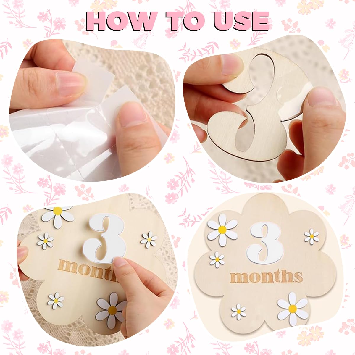 SNOWIE SOFT Floral Wooden Monthly Milestone Board for Newborn Photos with 0–9 Plates | White Nursery Prop