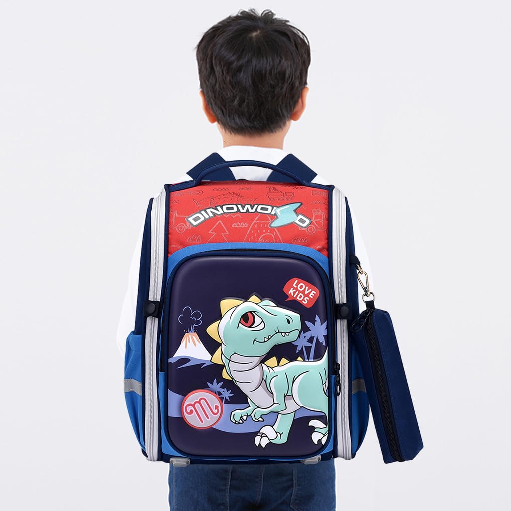 PALAY Boys School Backpack for Primary Students with 39×27×17cm Storage and Ergonomic Design | Blue Dinosaur Print with Reflective Safety Strips