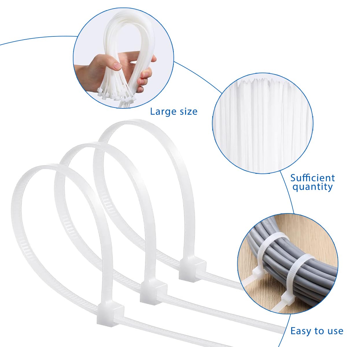 HASTHIP Cable Ties for Home Office and Outdoor with Release Latch 100 Pcs 200 mm | White Nylon Wire Organizer