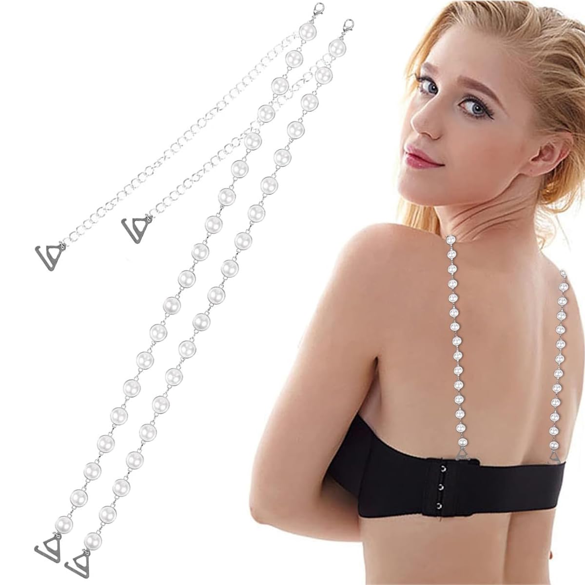 MAYCREATE Pearl Bra Straps for Women featuring Dual Metal Hooks and 40cm Adjustable Chain | Elegant Beaded Shoulder Replacement for Dresses