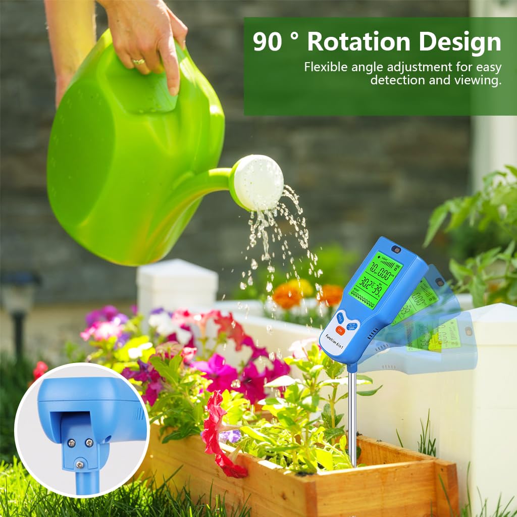 Serplex Soil Tester for Gardening with 6-in-1 pH Moisture and Light Sensors | Rotating LCD Display