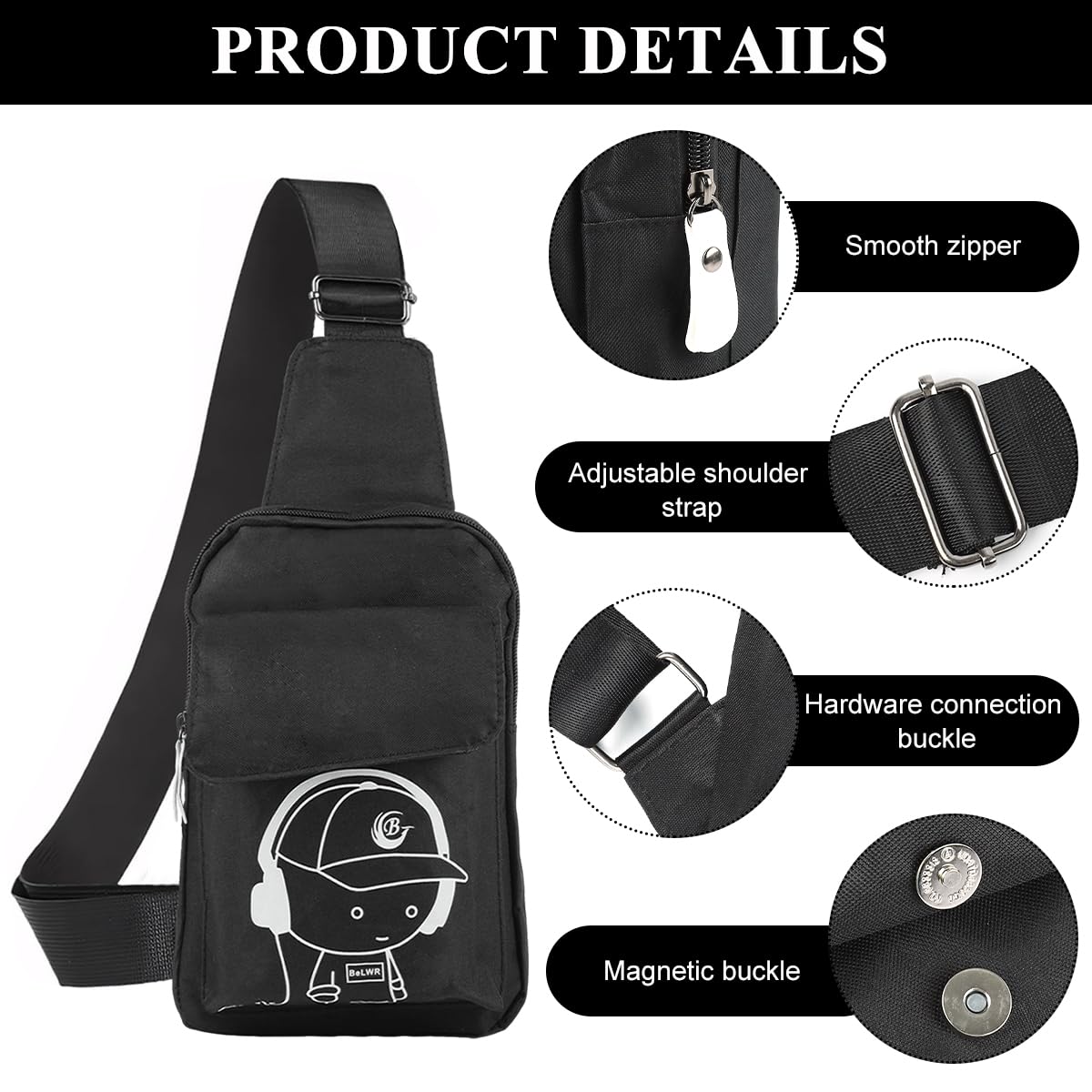 GUSTAVE Sling Bag for Travel and Daily Use with USB Charging Port and 12x3x17.5cm Design | Black Luminous Pattern for Men