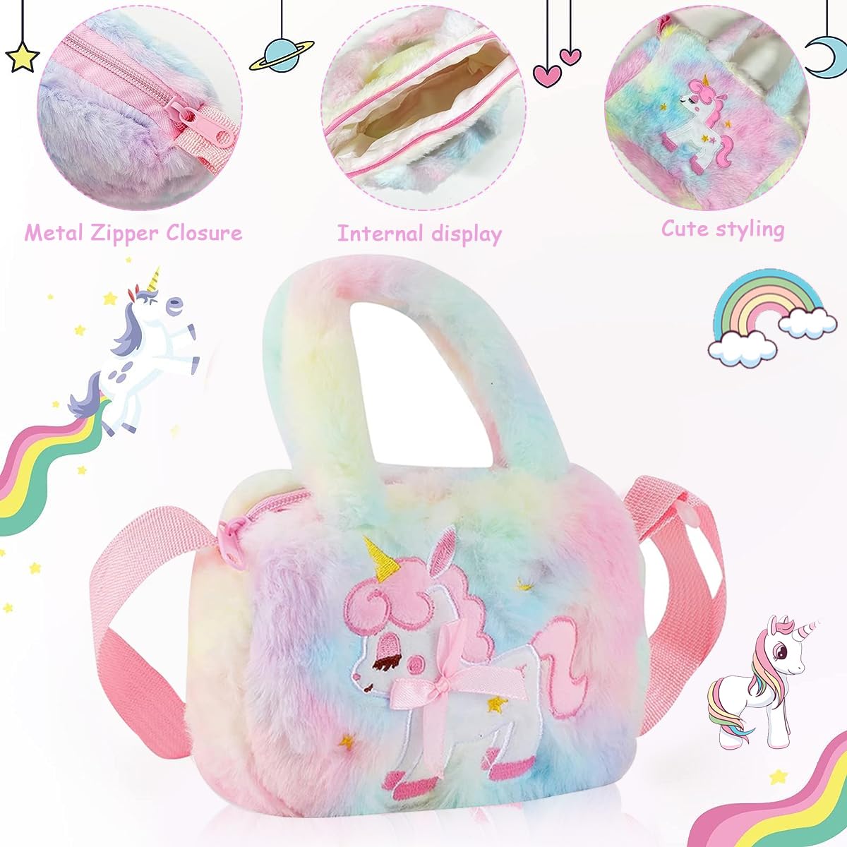 Venzina® Unicorn Crossbody Bag with Jewelry Set for Girls, Princess Plush Handbag Purse Beads Necklace Bracelet Earrings Rings and Stickers Kit, Kids Jewellery Party Dress up Gift