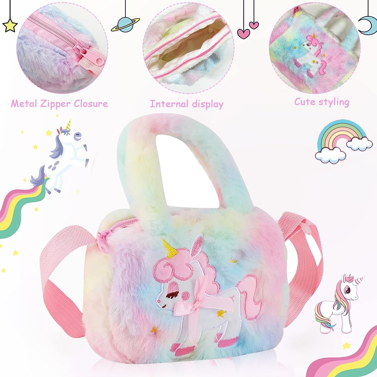 SANNIDHI Unicorn Crossbody Bag for Girls with Plush Purse and 7 Piece Jewelry Set | Gift Idea