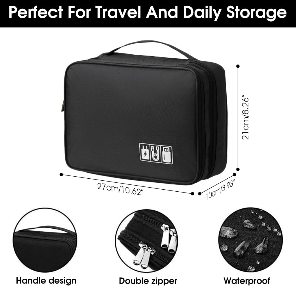 ZIBUYU® Travel Cable Organiser Bag, Extra Large 3-Layer Universal Gadget Bag with Adjustable Dividers, Shockproof & Water-Resistant for Electronics, Power Bank, Cables - Black, Perfect for Travel