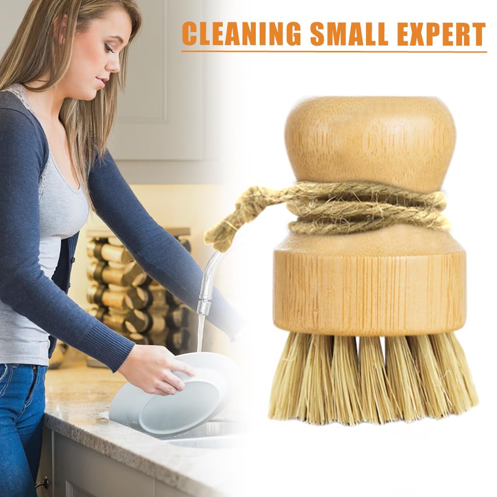 Supvox Bamboo Dish Brush for Pots and Pans with Ergonomic Round Handle | 2Pcs Natural Sisal Bristles