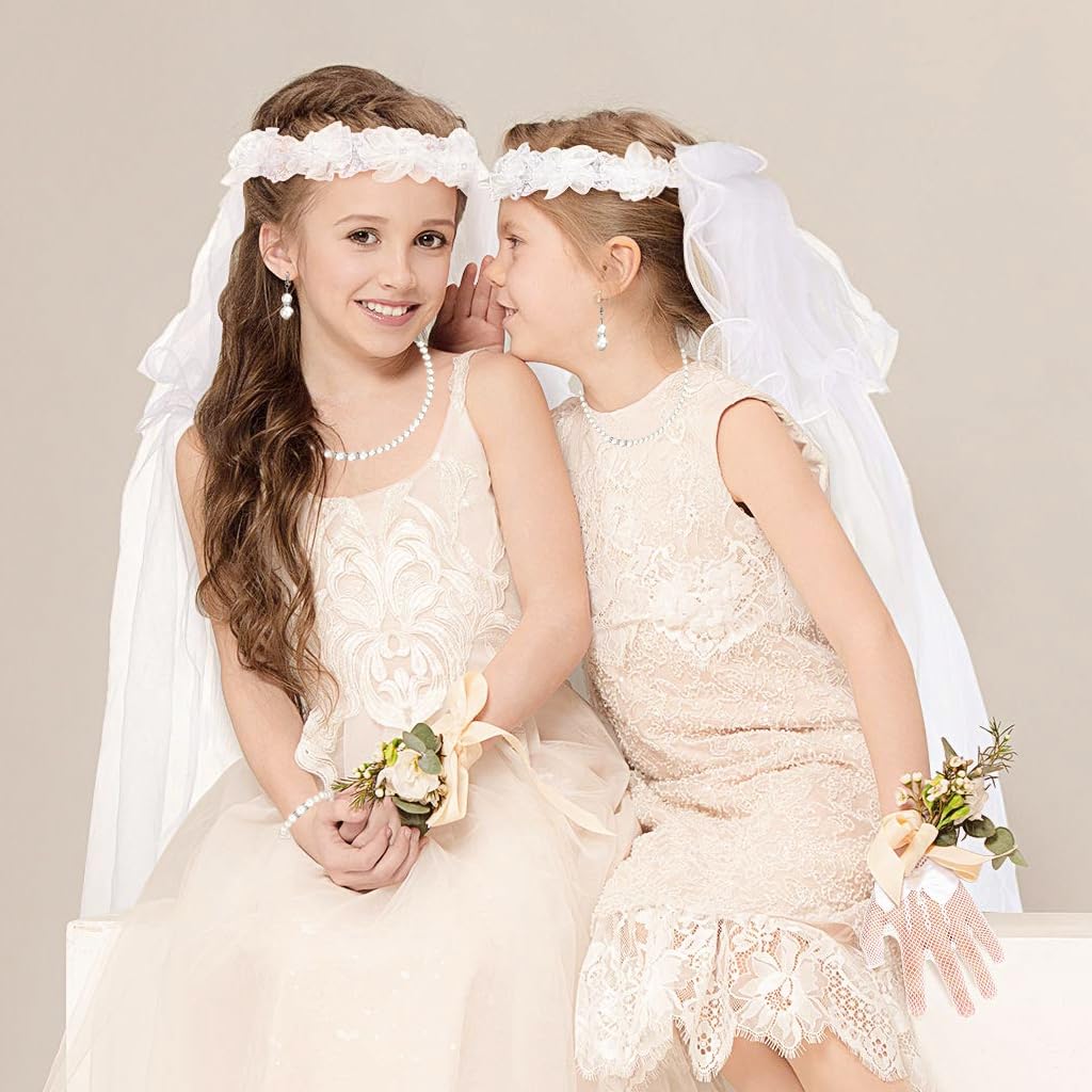 SNOWIE SOFT Girls Jewelry Set for Parties with 4Pcs Lace Bow Gloves and Pearl Accessories