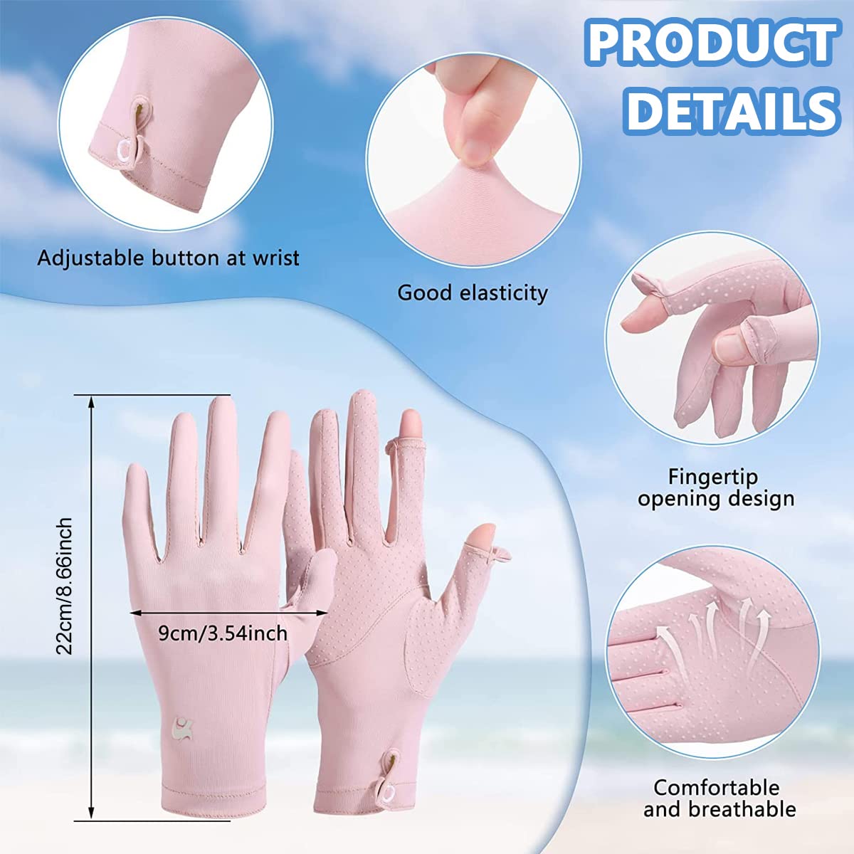 PALAY® UV Sun Protection Gloves for Women, Non-Slip Full Finger Touch Screen Gloves, Silk-Feel Cooling Gloves, Breathable Outdoor Sun Gloves for Cycling Driving Fishing - Pink, Snap Button Closure