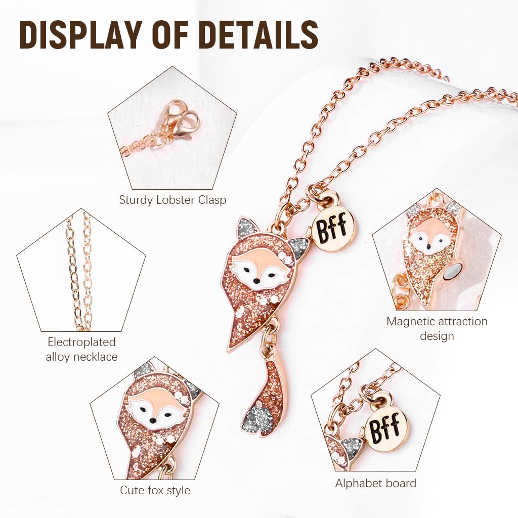 Zibuyu Necklace for Girls featuring 6PCS Magnetic BFF Enamel Fox Heart Pendants | Cute Friendship Gift