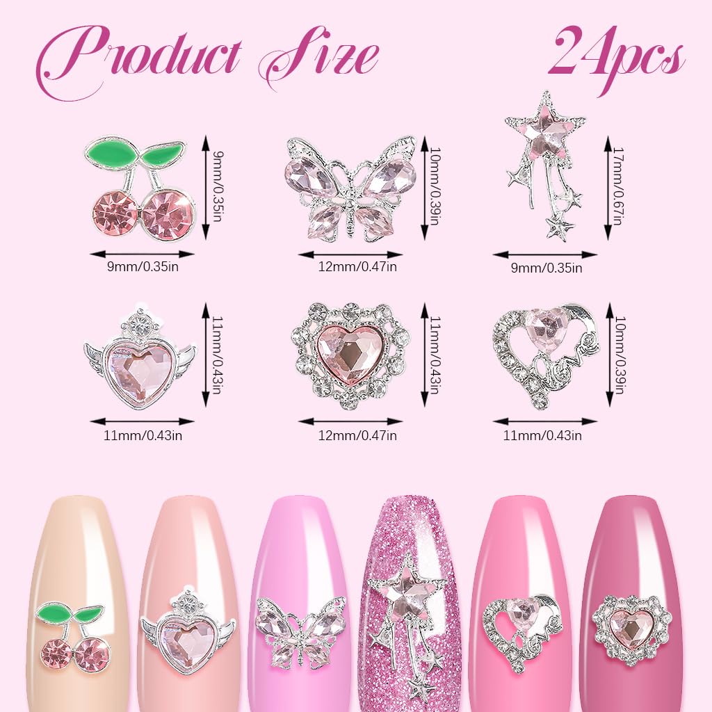 MAYCREATE® 24Pcs 3D Nail Charms and Gems Silver Butterfly Star Planet Cherries Nail Charms for Acrylic Chrome Nails Design Kawaii Nail Jewels for Nail Art