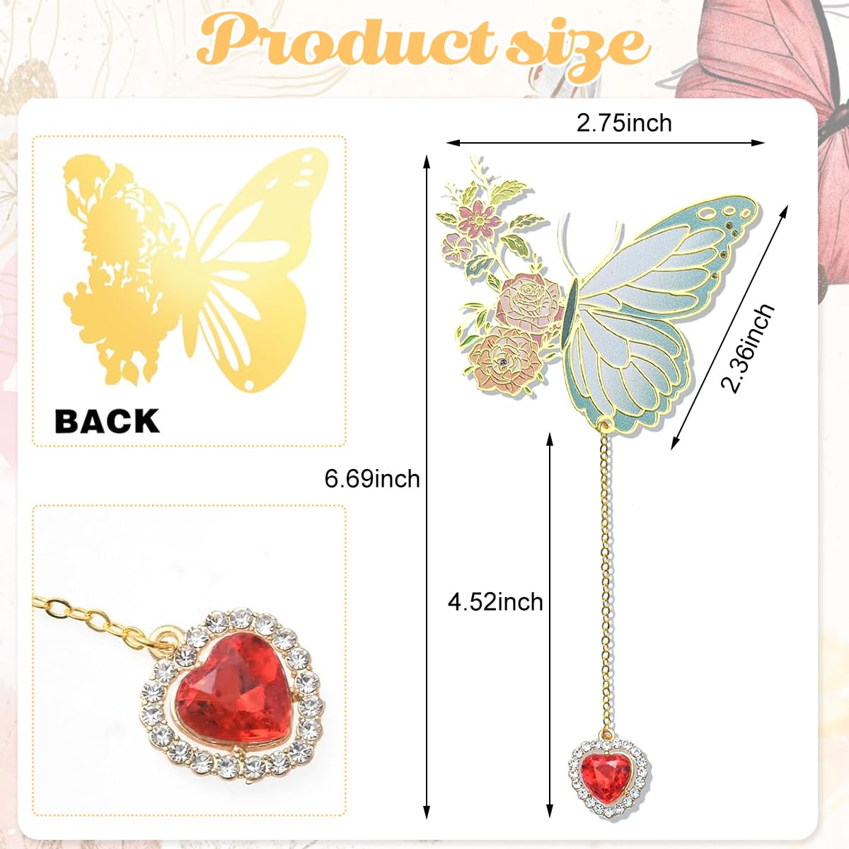 Climberty Metal Butterfly Bookmark with Red Heart Chain Pendant for Women | 2 PCS Copper Set