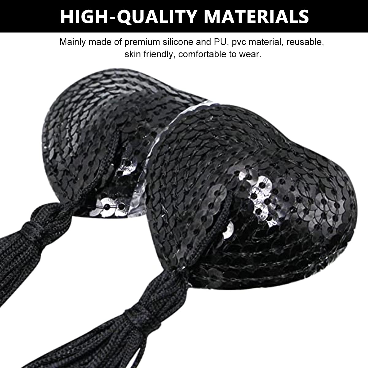 PALAY Nipple Cover for Party and Dance with 9 cm Tassel | Silicone Heart Black Pasties