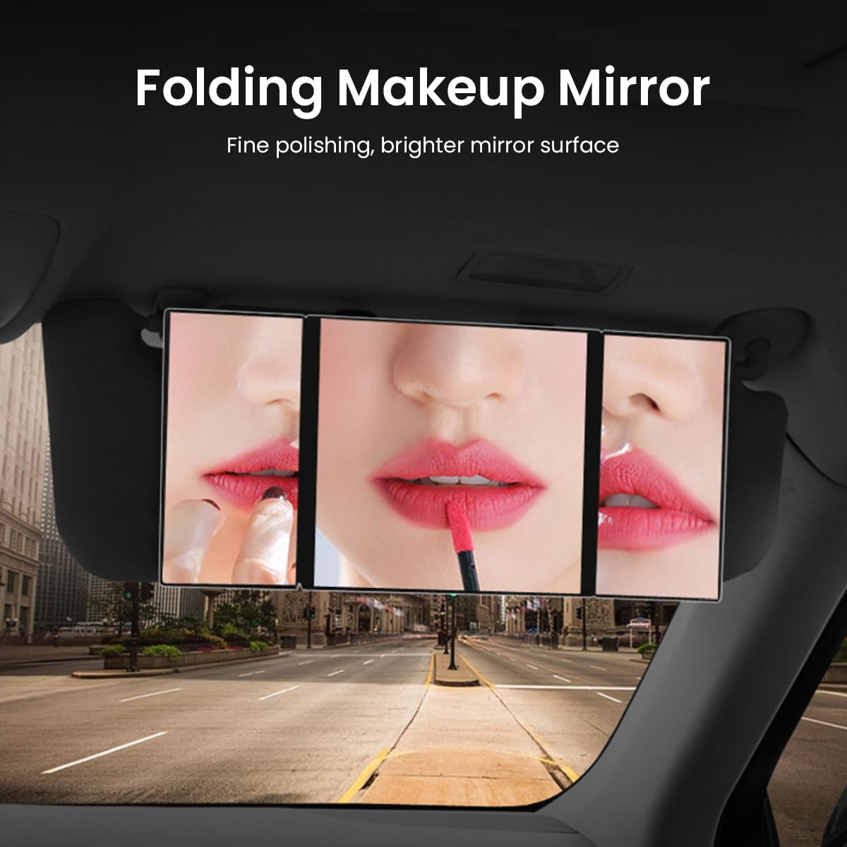 STHIRA Car Sun Visor Mirror for Makeup with Triple Folding HD Glass and Hook Loop Straps 30.4×14.1×1cm