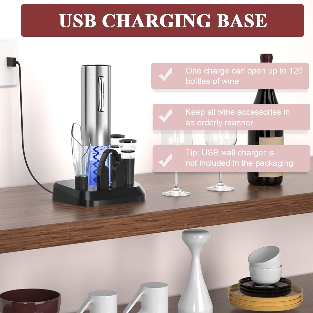 HASTHIP® Electric Wine Opener with Charging Base, Rechargeable Automatic One-Button Corkscrew Opener Kit with Foil Cutter, 2pcs Vacuum Stopper and Wine Aerator Pourer for Home Party Wedding