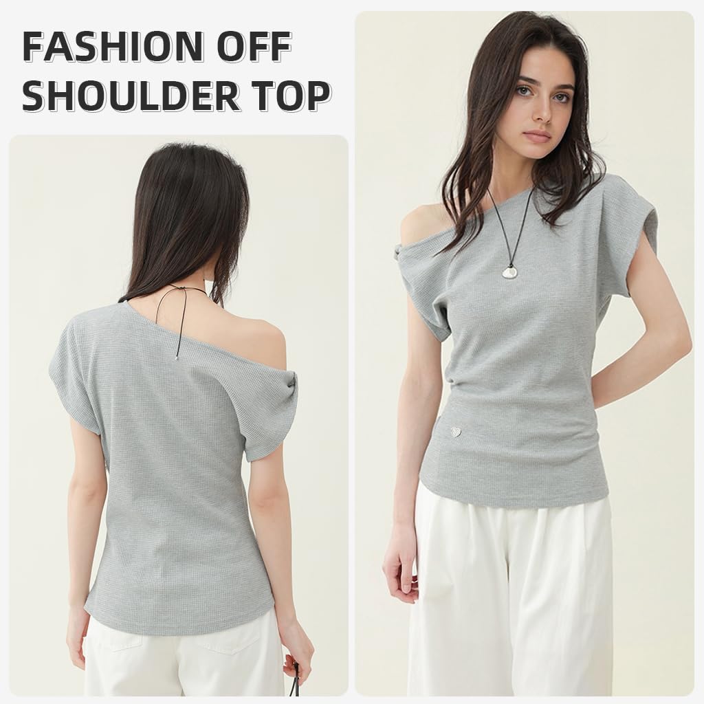 SANNIDHI Womens Off Shoulder Tops for Summer with Waffle Knit Texture and Short Sleeves | Casual Loose Solid Color Blouse