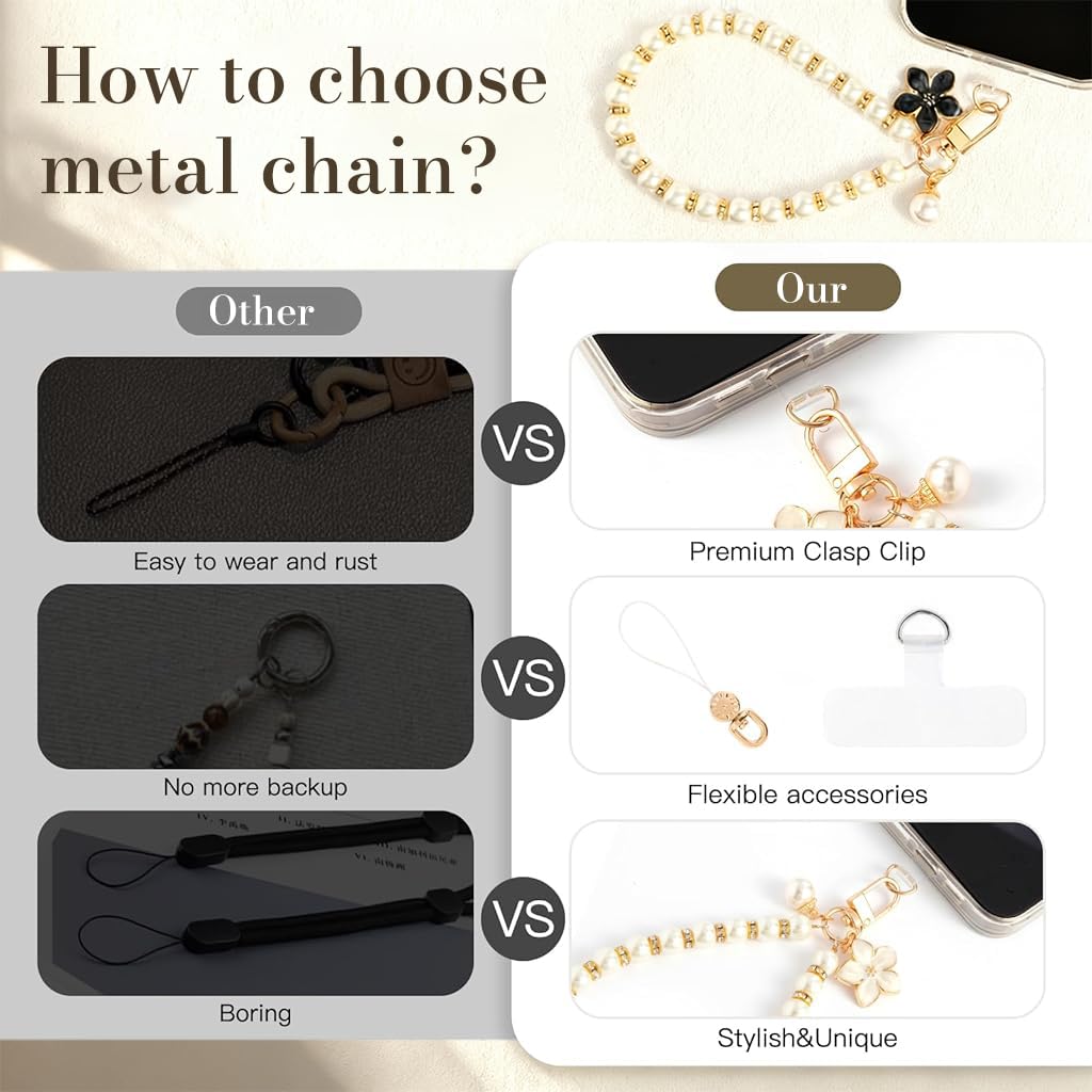 ZORBES Fashion Faux Pearl Phone Chain with Rhinestones and Golden Swivel Buckle for Women