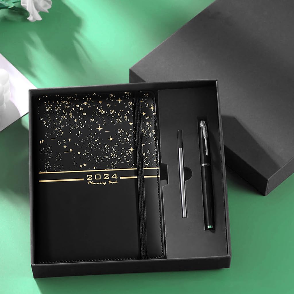 ZIBUYU A5 Diary Planner for 2024 with Refillable Pages and Elastic Closure | Black PU Leather Journal for Men