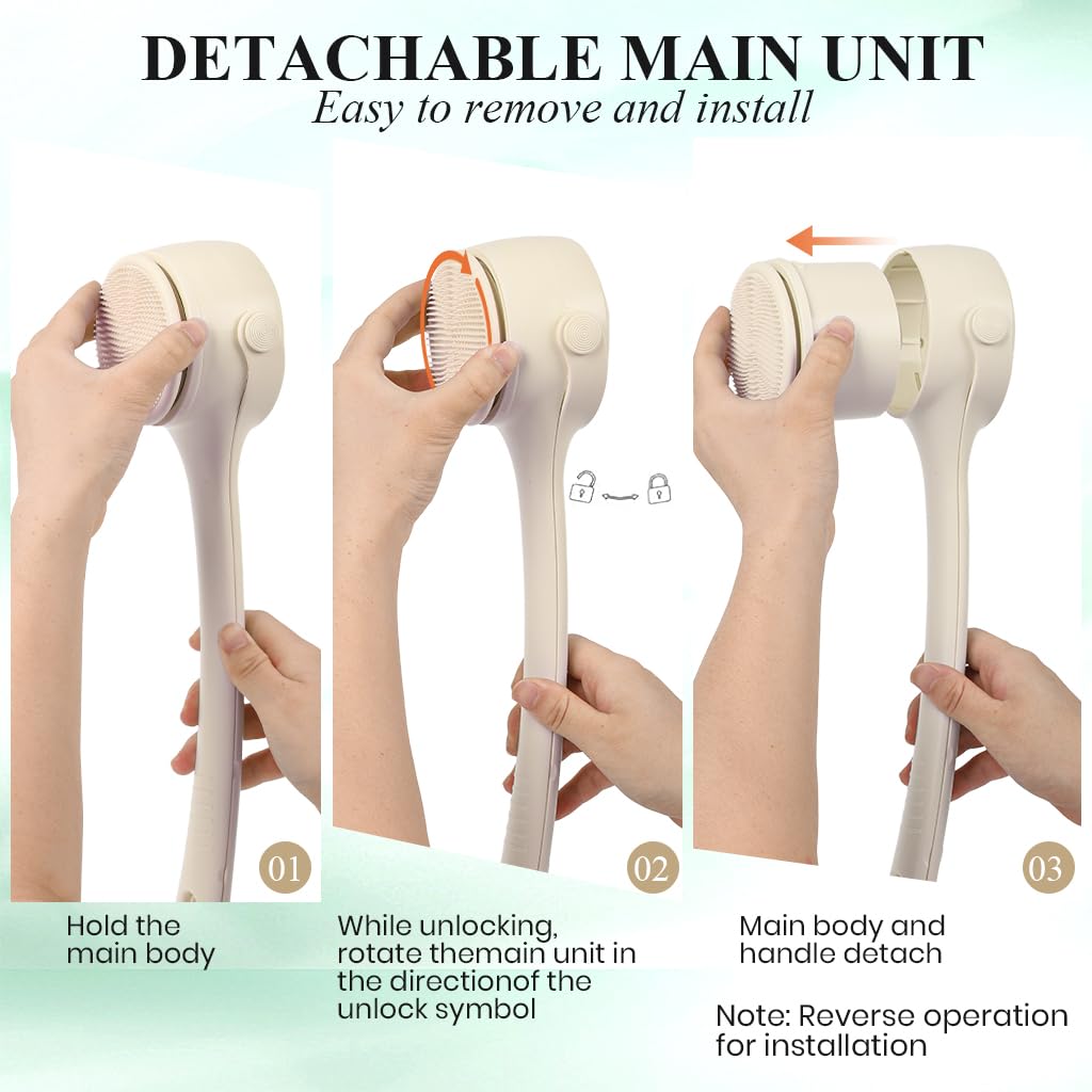 HANNEA Electric Bath Brush with 4 Heads and 2 Modes for Exfoliation and Dual Handle Design